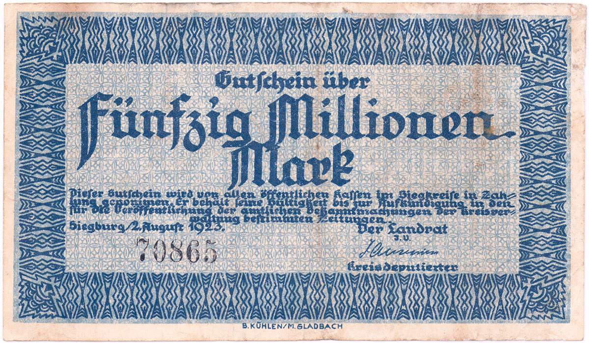 50 000 000 марок 1923 Stadt Siegburg