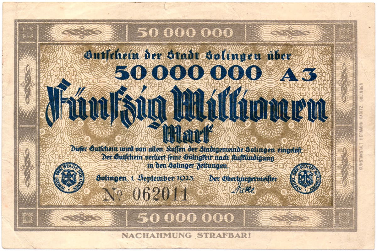 50 000 000 марок 1923 Stadt Solingen