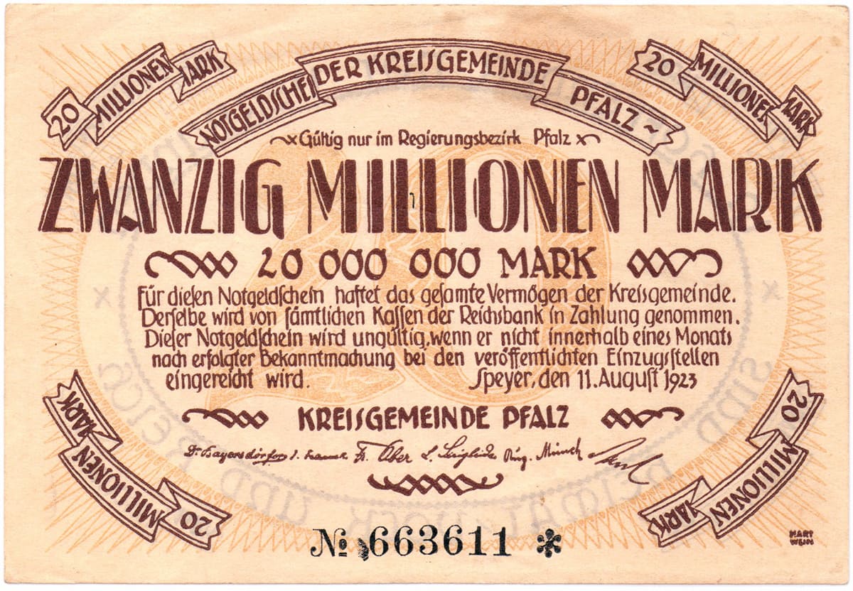 20 000 000 марок 1923 Notgeldschein der Kreisgemeinde Pfalz