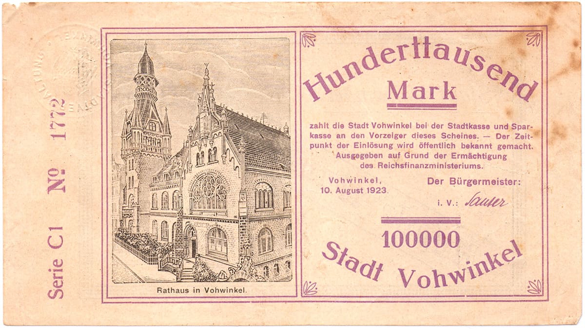 100 000 марок 1923 Stadt Vohwinkel