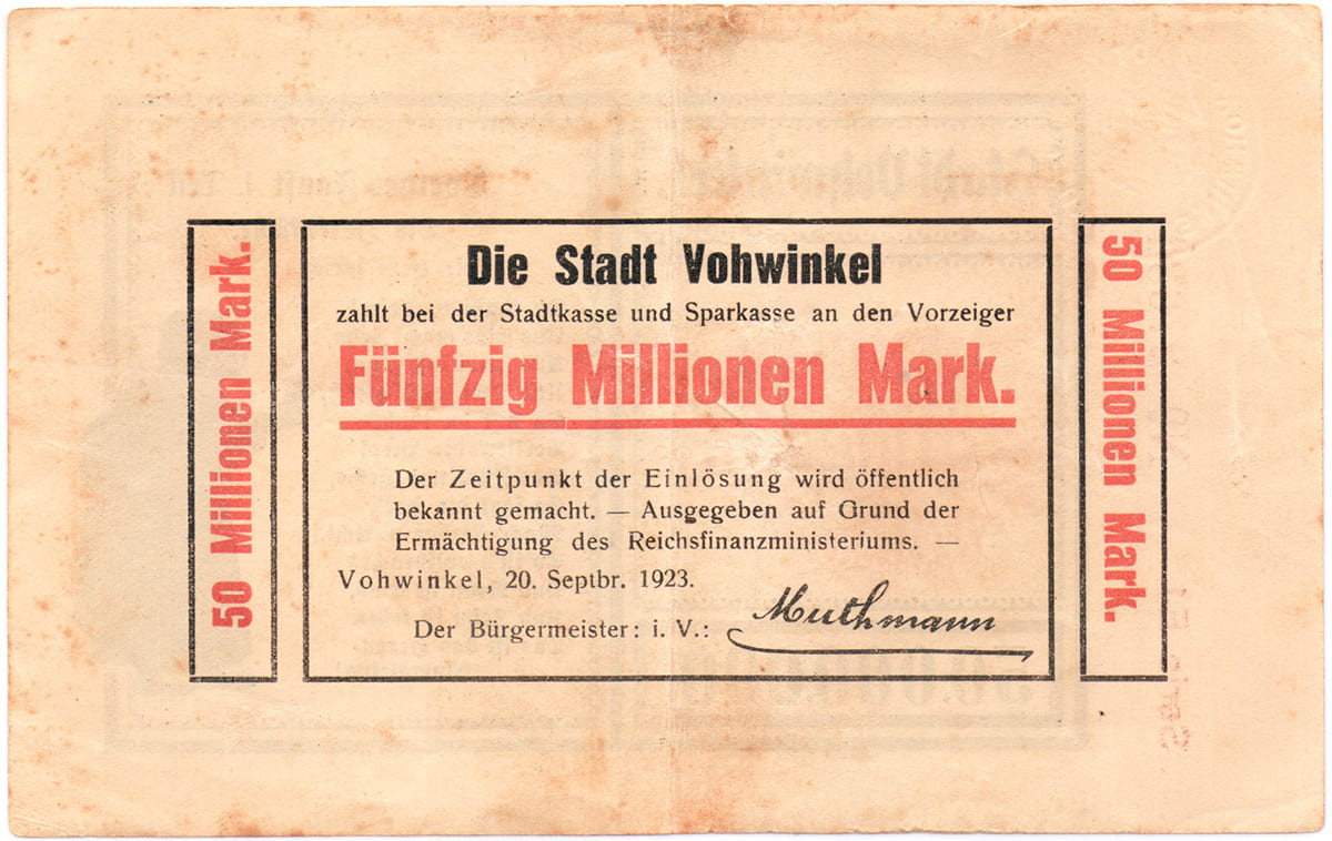 50 000 000 марок 1923 Stadt Vohwinkel