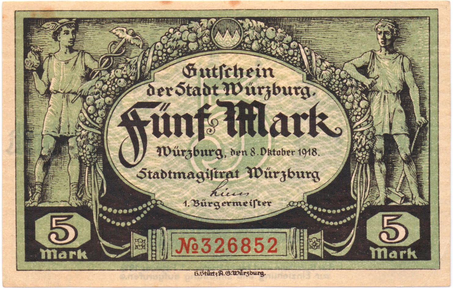 5 марок 1918 Stadt Wurzburg