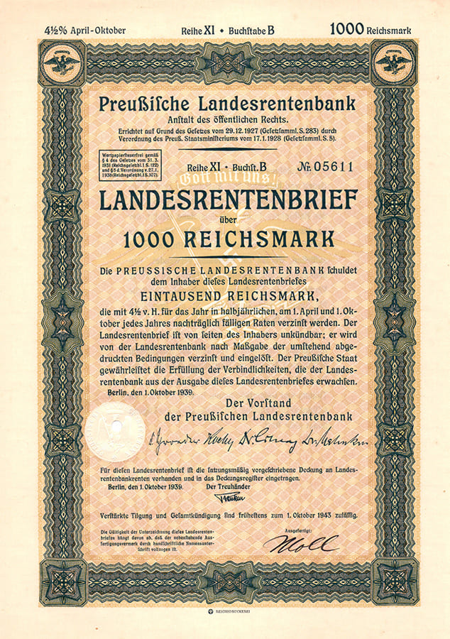 Landesrentenbrief 1000 reichsmark 1939