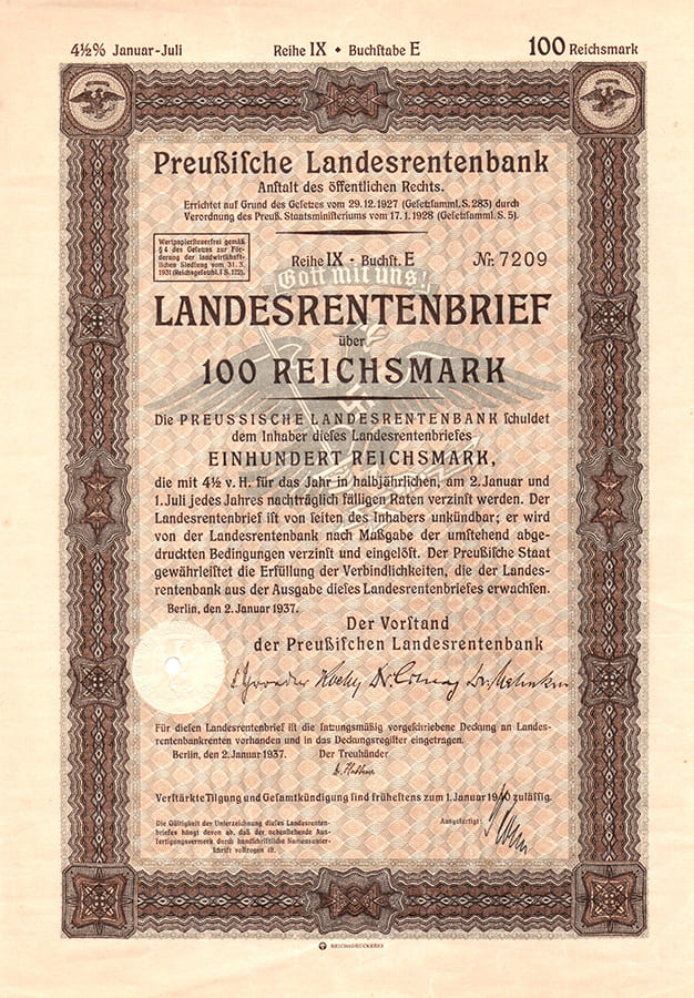 Landesrentenbrief 100 reichsmark 1937