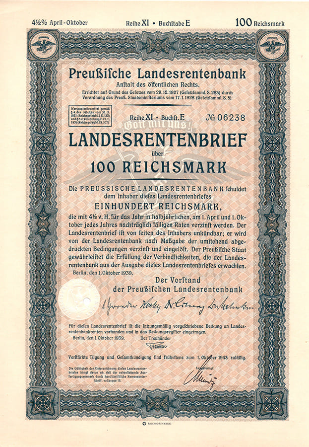 Landesrentenbrief 100 reichsmark 1939