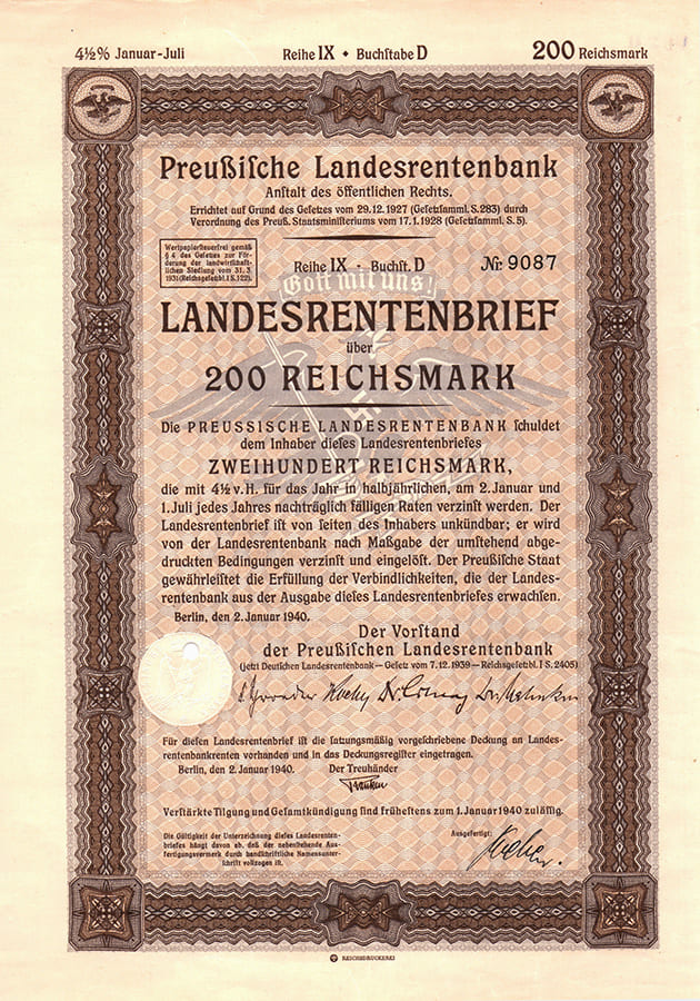 Landesrentenbrief 200 reichsmark 1940