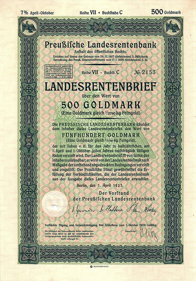 Landesrentenbrief 500 goldmark 1931
