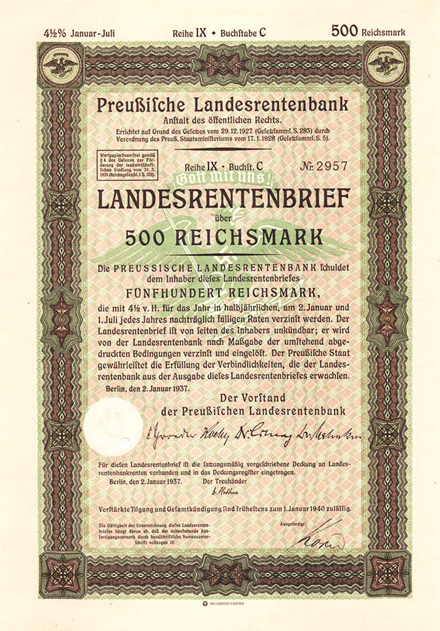 Landesrentenbrief 500 reichsmark 1937