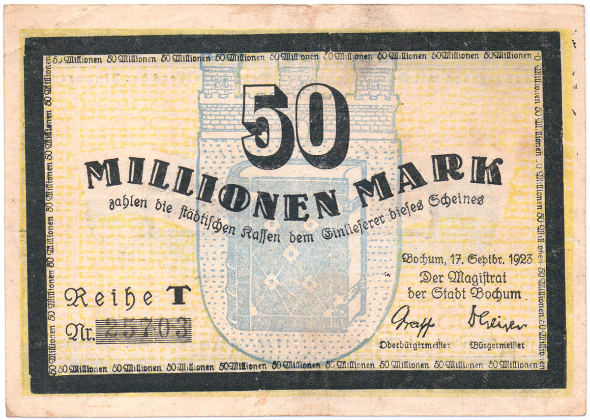 50 000 000 марок 1923 Notgeld der Stadt Bochum 50 000 000 марок 1923 Notgeld der Stadt Bochum