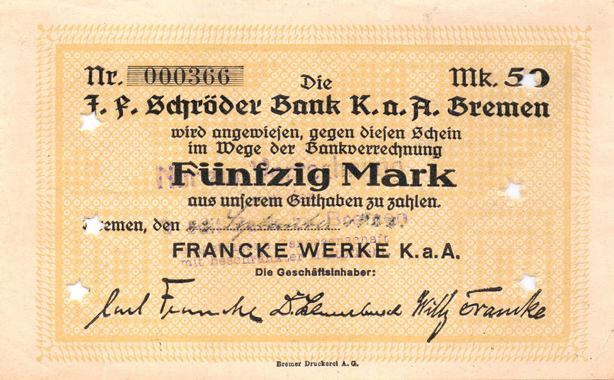 50 марок 1922 Francke Werke K.a.A. Schröder-Bank