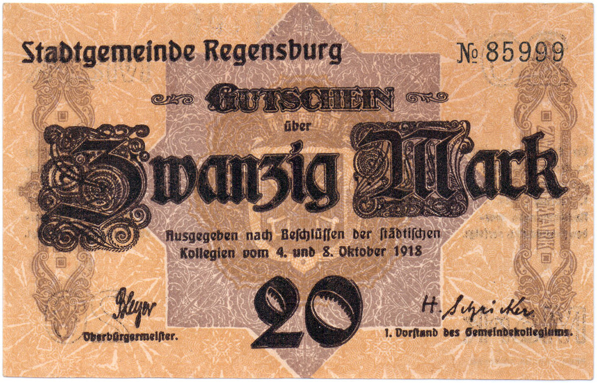 20 Mark 1918 Stadtgemeinde Regensburg 20 Mark 1918 Stadtgemeinde Regensburg