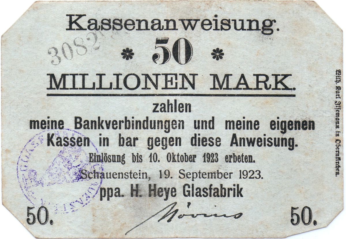 50 000 000 Mark 1923 Kassenanweisung Schauenstein 50 000 000 Mark 1923 Kassenanweisung Schauenstein